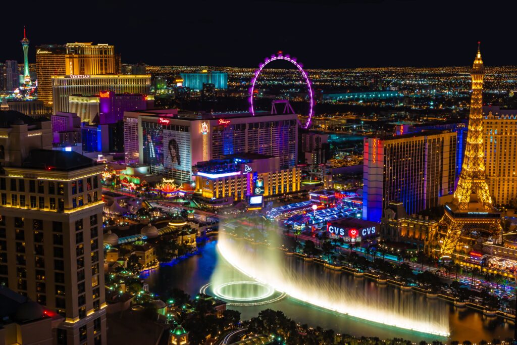 Nevada metropolis at night, with brilliant lights, contemporary architecture, and a lively metropolitan vibe.